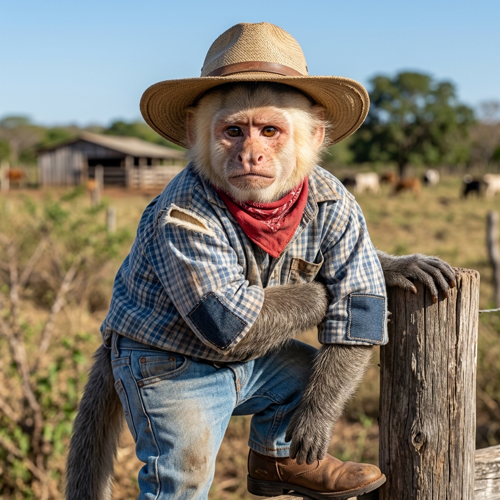 Macaco Snow com roupa de fazendeiro no campo, cenário de fundo dos vídeos gerados por IA